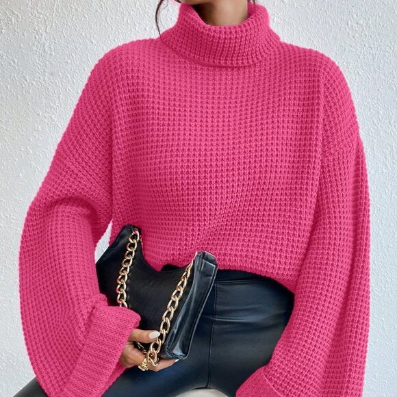 Hot Pink Casual Women's Loose Fit Turtleneck Drop Shoulder Sweater - Picture 4 of 6